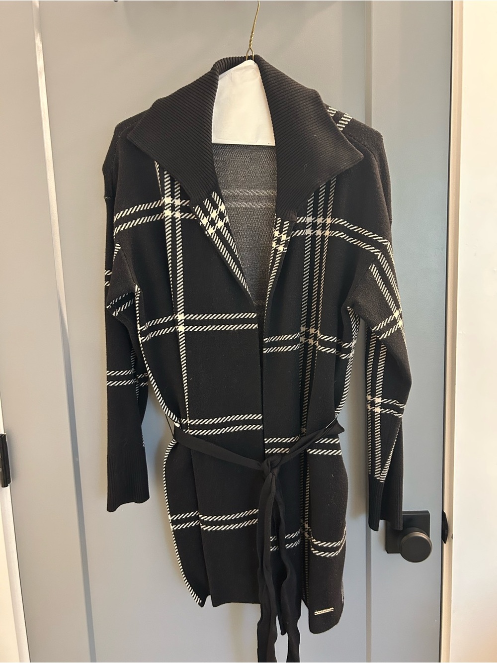 Anne Klein Black & White Plaid Belted Trench Cardigan